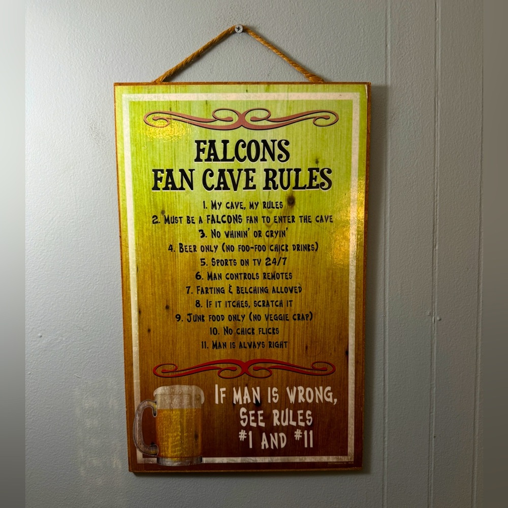 Love & Laughter Falcons Fan Cave Rules Wooden Sign. Size 10”X16”